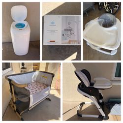 Baby bundle — high chair, bassinet, walker, diaper pail, crib chime
