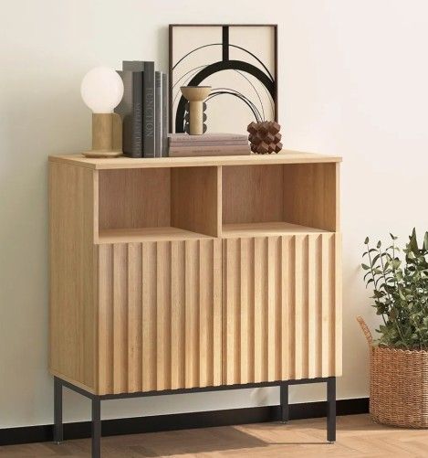 Oxford Fluted Storage Cabinet, Sideboard Buffet Credenza Cabinet with Doors & Shelves Accent Console Cabinet for Living Dining Room, Entryway, Natural