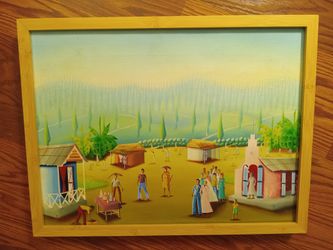 VINTAGE LISTED PIERRE ZACHARI HAITIAN ARTIST (12"x16") FRAMED 0IL PAINTING  "VILLAGE SCENE "