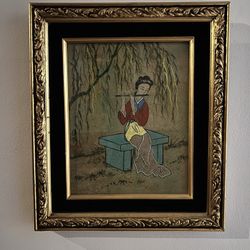 Asian Geisha Painting of a beautiful maiden playing musical instrument double matted in gold frame