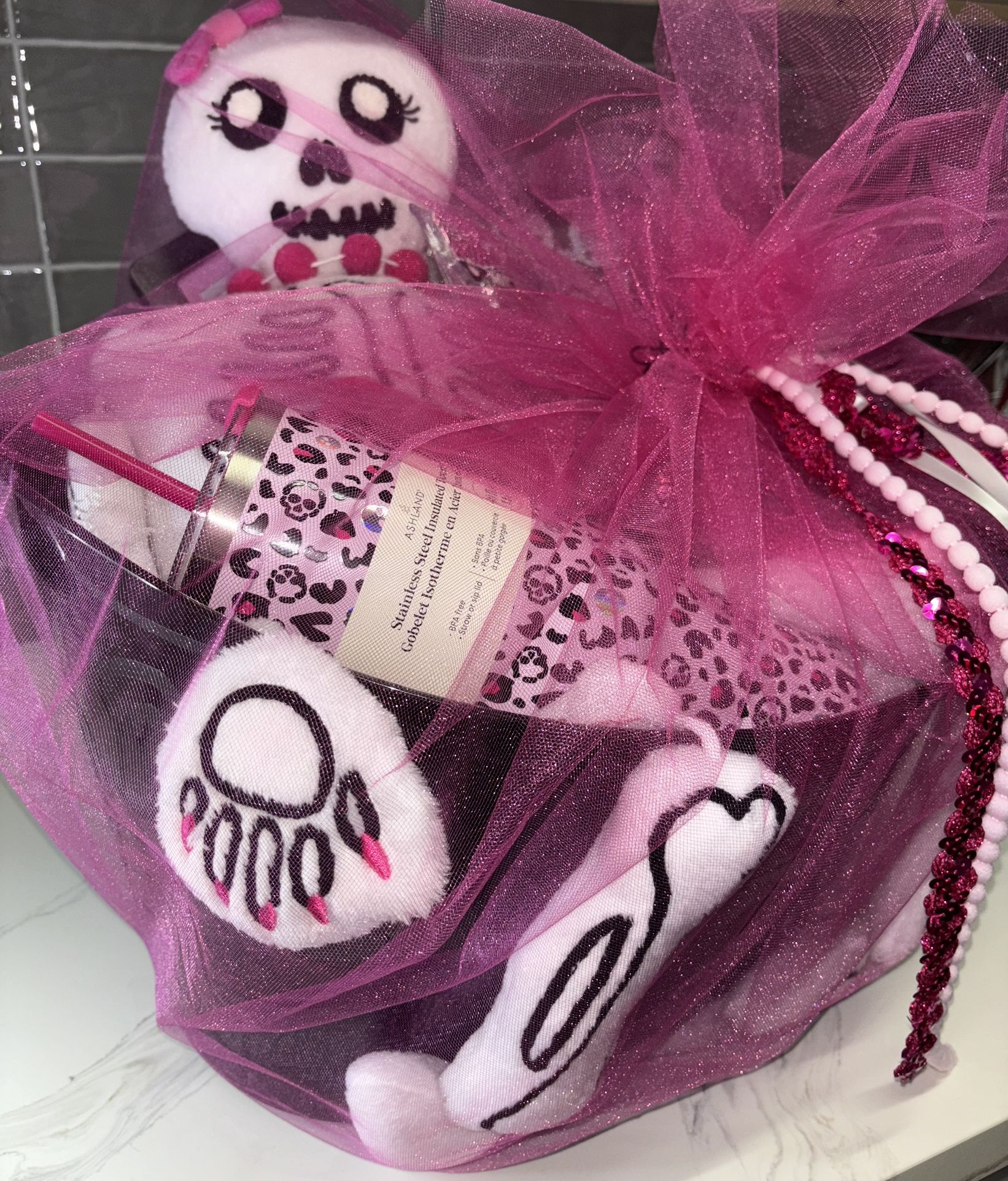 Pink Black Cheetah Skull Halloween Basket