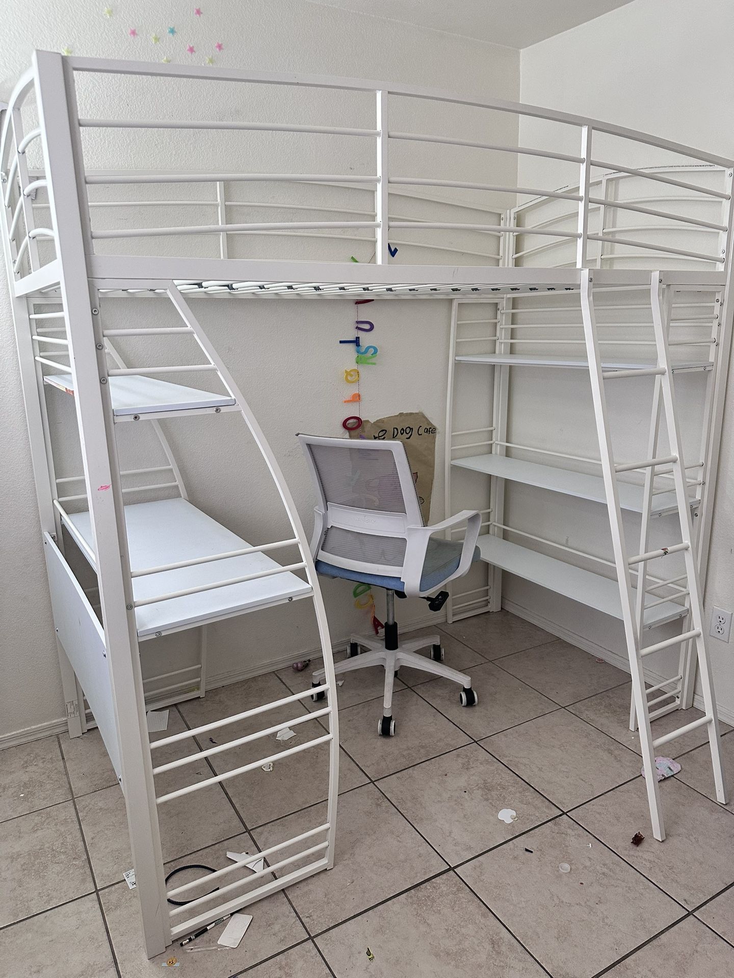 Studio Loft Bunk Bed Over Desk and Bookcase with Metal Frame.