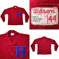 VTG Rare Wilson USA Made Letterman Collegiate Cardigan sweater "H" Block Letter Size 44 nice buttons all intact USA Made vibrant color multicolored mu