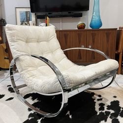 1970s Milo Baughman MCM  Chrome Hoop Rocking Chair White shell fabric by Renato Zevi
