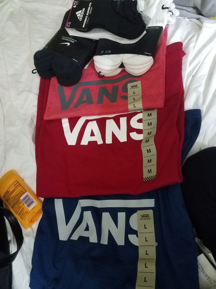 Van's mens tshirt and two packs of men nike socks and i pack of womens adidas socks