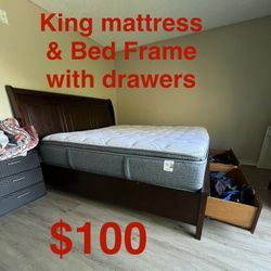 King Bed Mattress Bed Frame with drawers Storage Brown Wood King Size Sized 