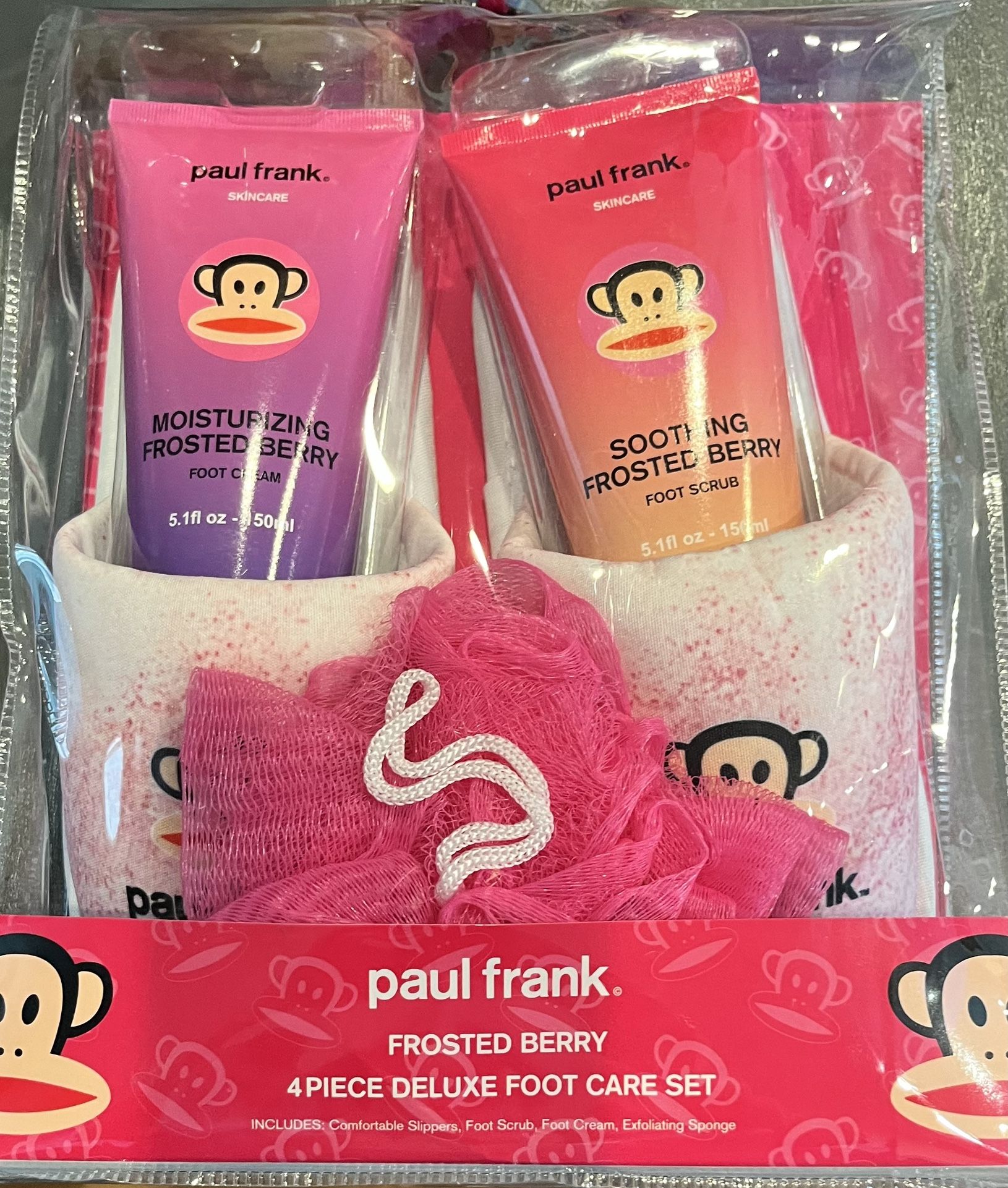 paul frank. FROSTED BERRY 4 PIECE DELUXE FOOT CARE SET INCLUDES: Comfortable Slippers, Foot Scrub, Foot Cream, Exfoliating Sponge
