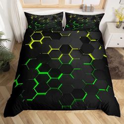 Honeycomb Bedding Duvet Cover Queen Size,Geometry Hexagon Theme with Green Yellow Neon Lights Comforter Cover,Boys Teen Man Chic Creative Home Bedding
