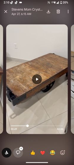 Coffee Table. Industrial Solid Wood Rolling Cart
