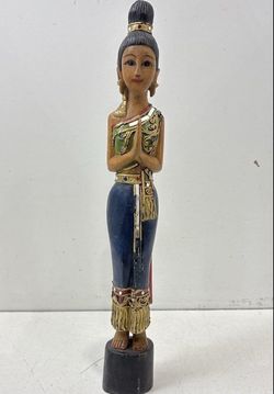 Stunning Hand-Carved Wooden Prayer Figure Southeast Asian Folk Art 18" Tall