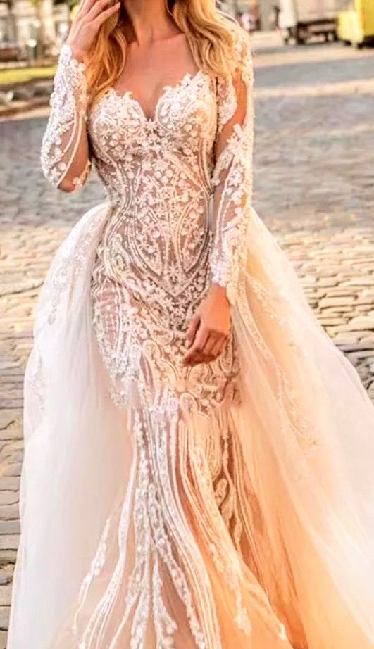Illusion Trumpet Wedding Dress with Detachable Train~~ Size10