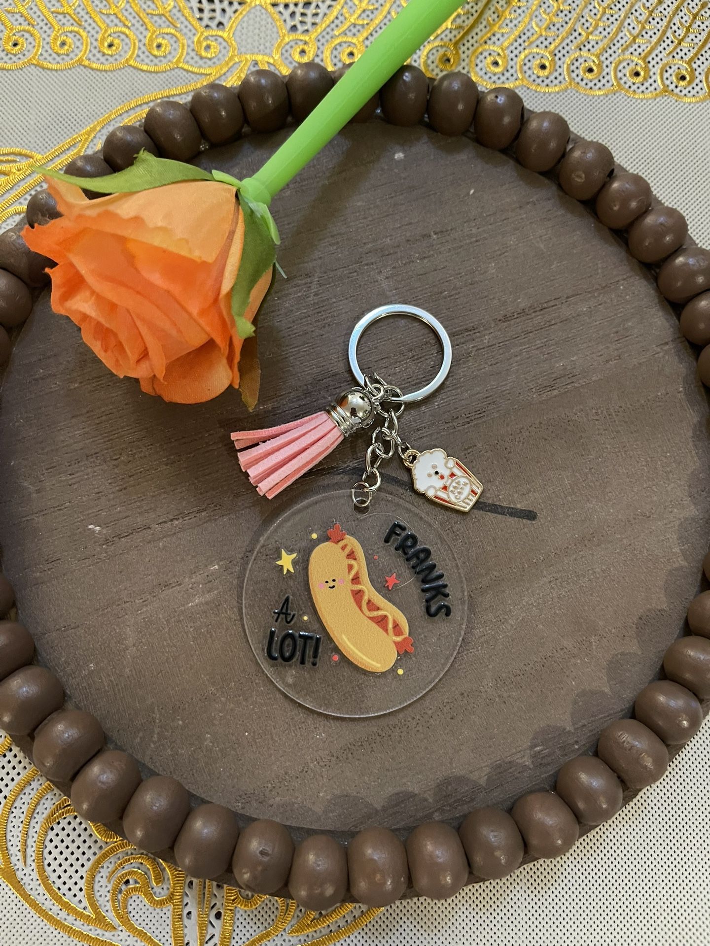 Hot Dog Keychain with Pink Tassel