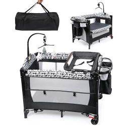 5-in-1 Pack and Play with Changing Table, Baby Bassinet Bedside Sleeper with Storage Bag & Music Bo