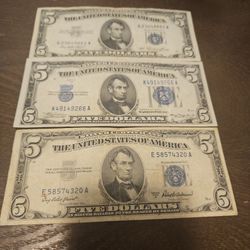 1953 A Blue Seal $5 Bill 3 Total 