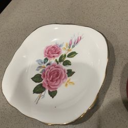 vintage Royal Dover bone china saucer with a pink rose floral pattern and gold trim