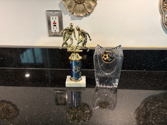 2 Soccer Trophies Double Action Style & Acrylic Fan-shaped w/Soccer Ball Graphic