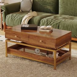 Wood and Gold Coffee Table with Drawers
