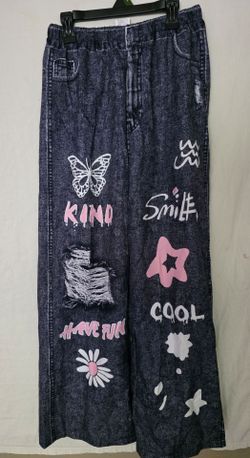 Girl's Baggy Jeans Denim Ripped High Waisted Butterfly Graphic Print Straight Wide Leg Cargo Joggers Pants