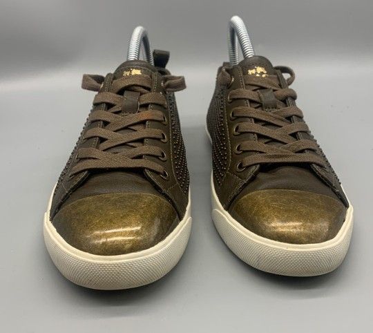 Coach MaKAYLA Olive Studded Lace Up Flat SNEAKER with Patent Front