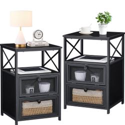 VECELO End Bedside Table, Modern Nightstands Set of 2 with Storage Drawer & Shelf, Night Stand for Living Room Bedroom Office Lounge, 2, Black