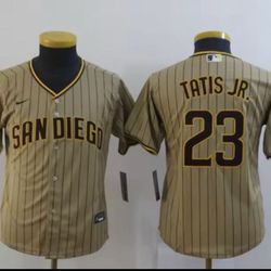 Size Small, Medium, Large And XL.         Nike San Diego Padres Tatis Jr. #23 MLB Baseball Jersey Brown Black