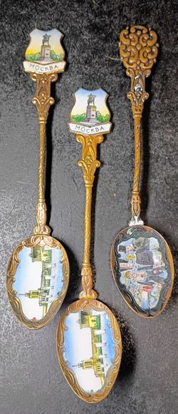 Vintage 3pc Enamel Souvenir Spoons – Czechoslovakia Art Scene & Moscow