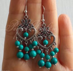 925 Sterling Silver Hook natural Turquoise Stone Blue Green earings