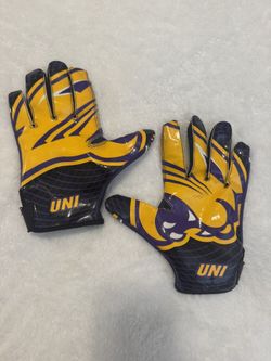UNI Football Receiver Gloves – Purple/Yellow – Adult Size M