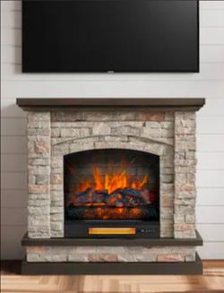 allen + roth 43.5-in W Stacked Faux Sandstone with Coffee Oak Free standing Infrared quartz Flat Wall Electric Fireplace with Remote Control Included.