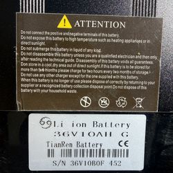 36V 10AH E-bike Battery w/ Keys