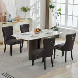 PU Leather Dining Chairs Set of 4, Modern Kitchen Chairs,Dark Brown Solid Wooden Legs & Pull Ring & Nailed Trim, 350 LBS Capacity,Upholstered Kitchen 