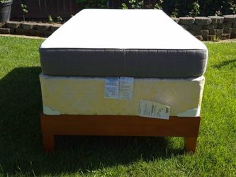 Twin Firm Quilted Mattress White Gray Beige Fabric Cover with a Wooden Bed frame