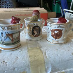 3 Antique Barber Cups And Brush’s With Original Owner Names