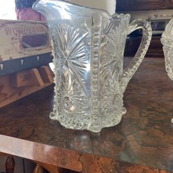 Vintage Crystal Pitcher Pinwheel Hobstar And Crystal Footed Candy Dish 