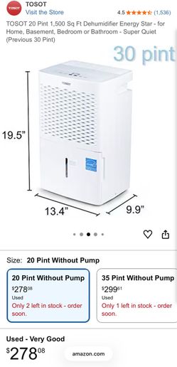 TOSOT 20 Pint 1,500 Sq Ft Dehumidifier Energy Star - for Home, Basement, Bedroom or Bathroom - Super Quiet (Previous 30 Pint)