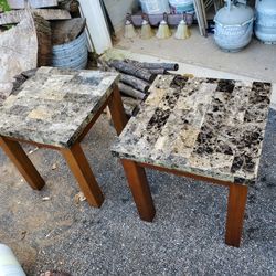 Set Of 2 Wooen End Tables Marble Look 