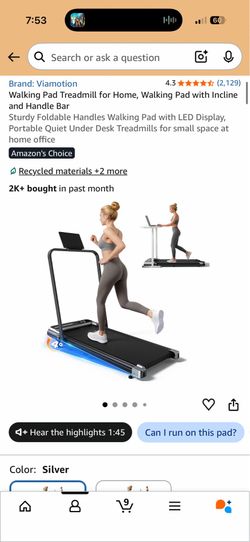 Viamotion Walking Pad Treadmill with Incline and Handle Bar