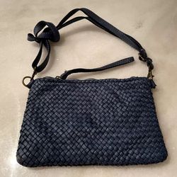 Italian Navy Blue Leather Intrecciato Woven Real Leather Shoulder Purse Handbag Tote