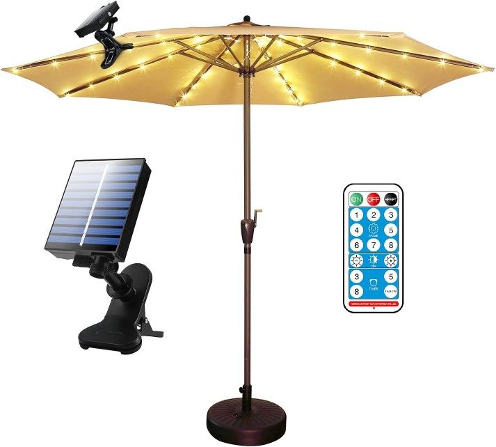 Solar Patio Umbrella Lights Cordless Parasol String Lights With Clip Umbrella Pole Light Solar Powered Waterproof for 7-10 foot Umbrella Outdoor Beach
