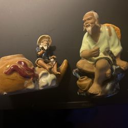 2 Chinese Handmade Ceramic Fisherman Figurines 