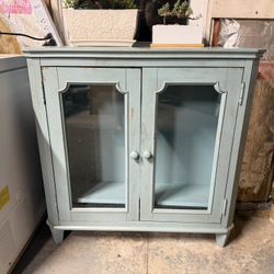 Beautiful Vintage Blue Glass-Door Accent Cabinet – Solid, Stylish, Like New (36”)