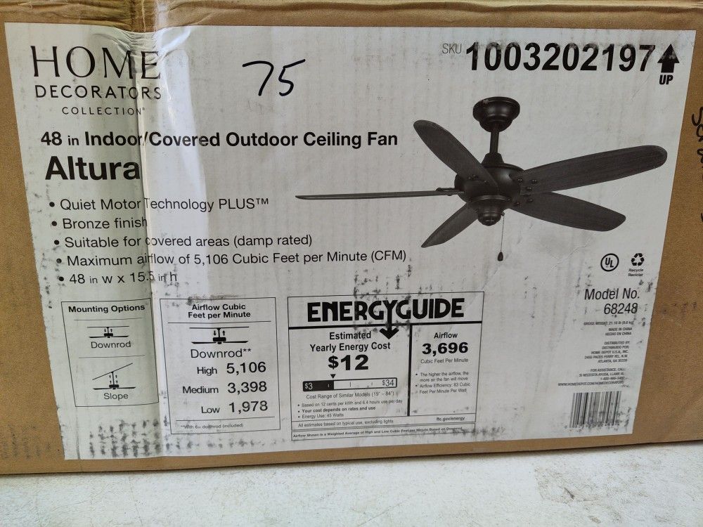 Home Decorators Altura 48" Indoor / Outdoor Ceiling Fan In Bronze, Some Blades Have Scrat As Shown