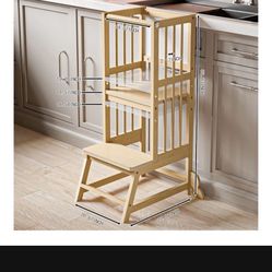 Kids Kitchen Step Stool with Safety Rails, Toddler Standing Tower Adjustable Height, Wooden Kitchen Stool for Kids  Brand New  Unassembled Still In bo