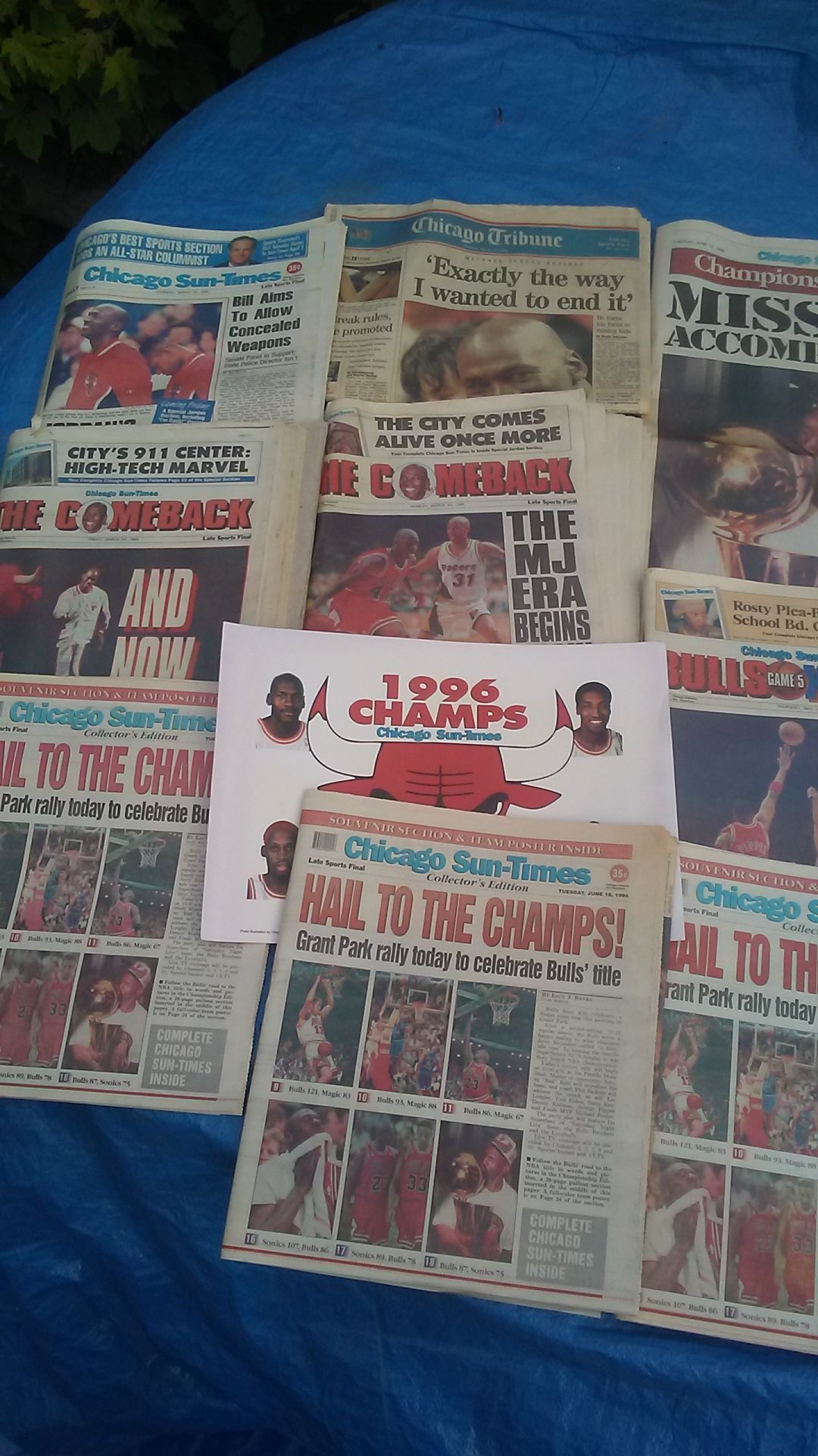 90s BULLS Winning Chicago 9 full papers. Very good condition S-T 3× JUNE 18,1996- march 20,23, 24,1995. May 19,1994 and chg trib jan 14,1999. FOR ALL