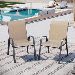 New Patio Sling Chairs Set of 2, Outdoor Stackable Dining Chairs Brown Gray