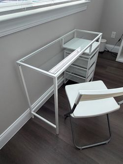 Desk/Vanity White Metal Frame, Glass Too, 3 Draws, White Chair
