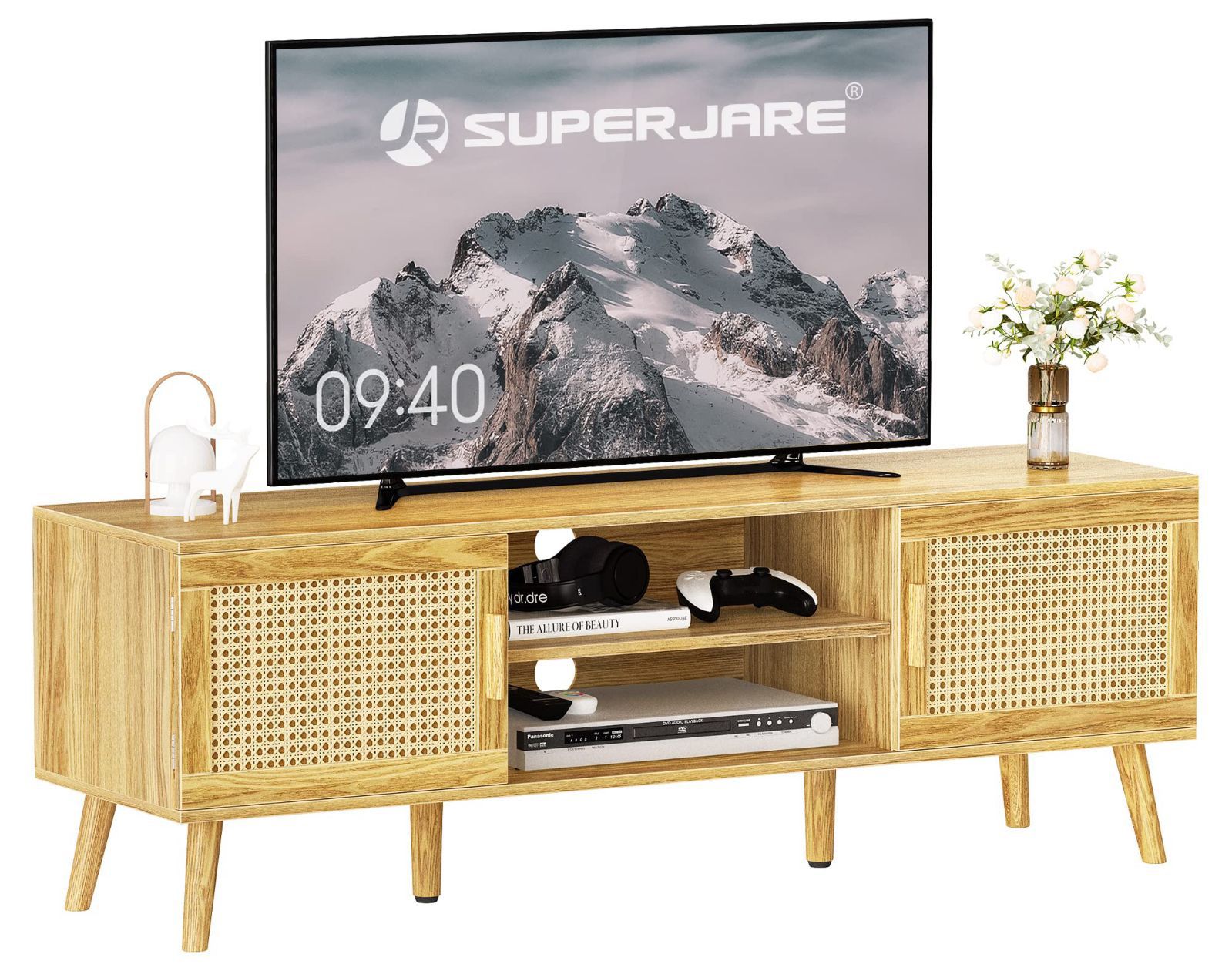 SUPERJARE Boho TV Stand For 55 Inch TV, Rattan TV Console With Adjustable Shelf, 2 PE Rattan Cabinet, Entertainment Center, Media Console, Solid Wood 