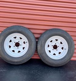Brand New Set of Two Free Country ST. 205/75 D 14 Trailer Tires Mounted On New White Spoke Wheels 5 on 4.5