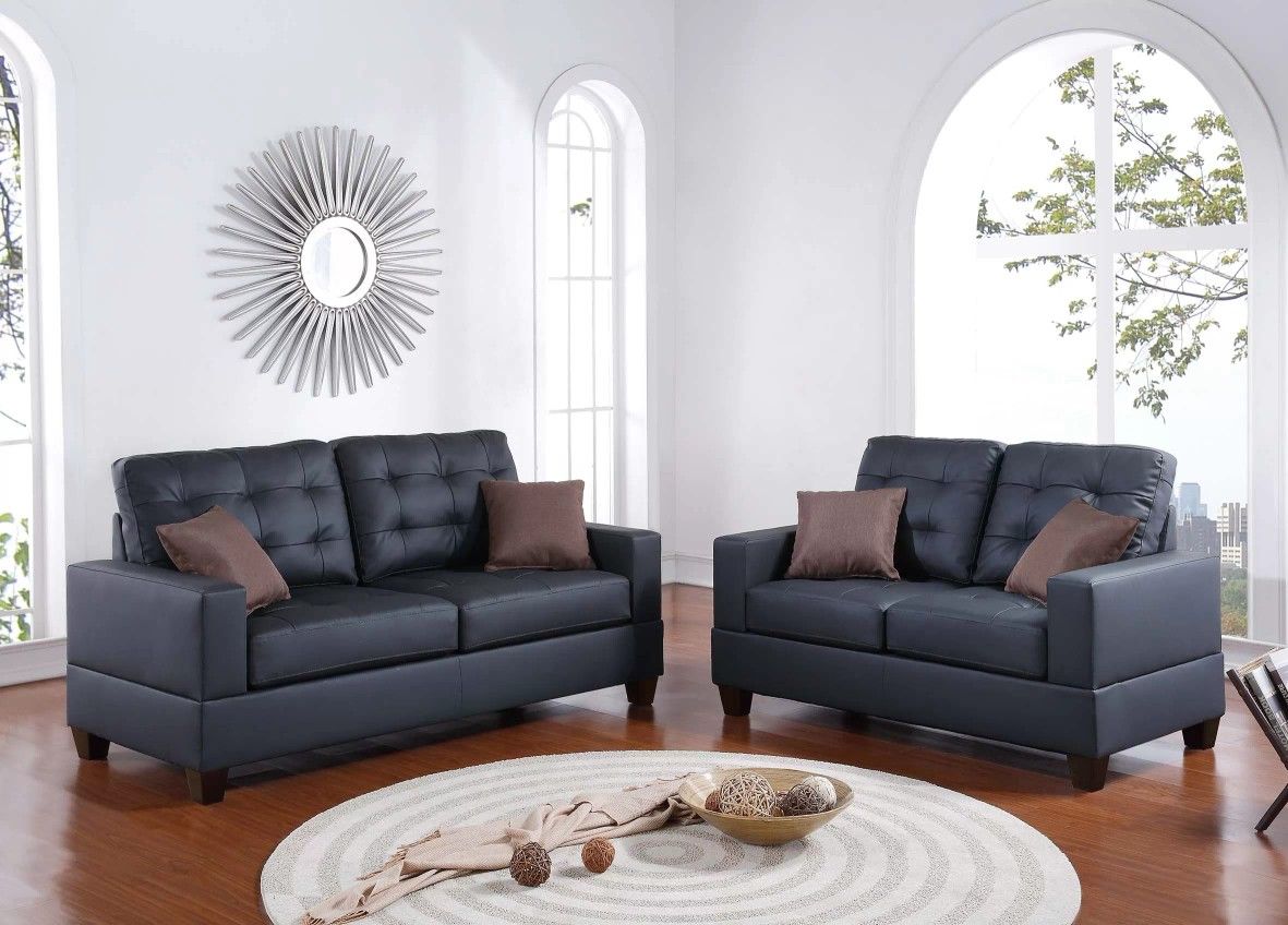 🔥 Sofa Set 2 Pcs, Black Color, Faux Leather, New in the Box.