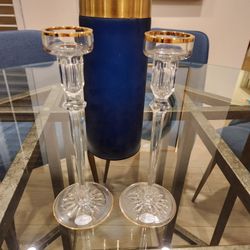 Two Brand New Crystal Candle Holders With Gold Trim